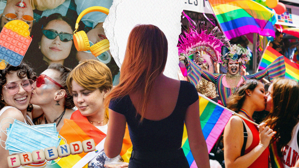 The back of a person with long red hair, among a collage of Pride imagery - including rainbow flags and people in love.