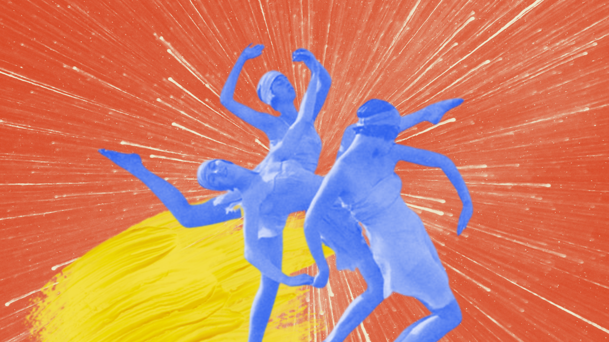 Three blue, female-presenting dancers are moving with a red burst of colour and a yellow splash behind them.
