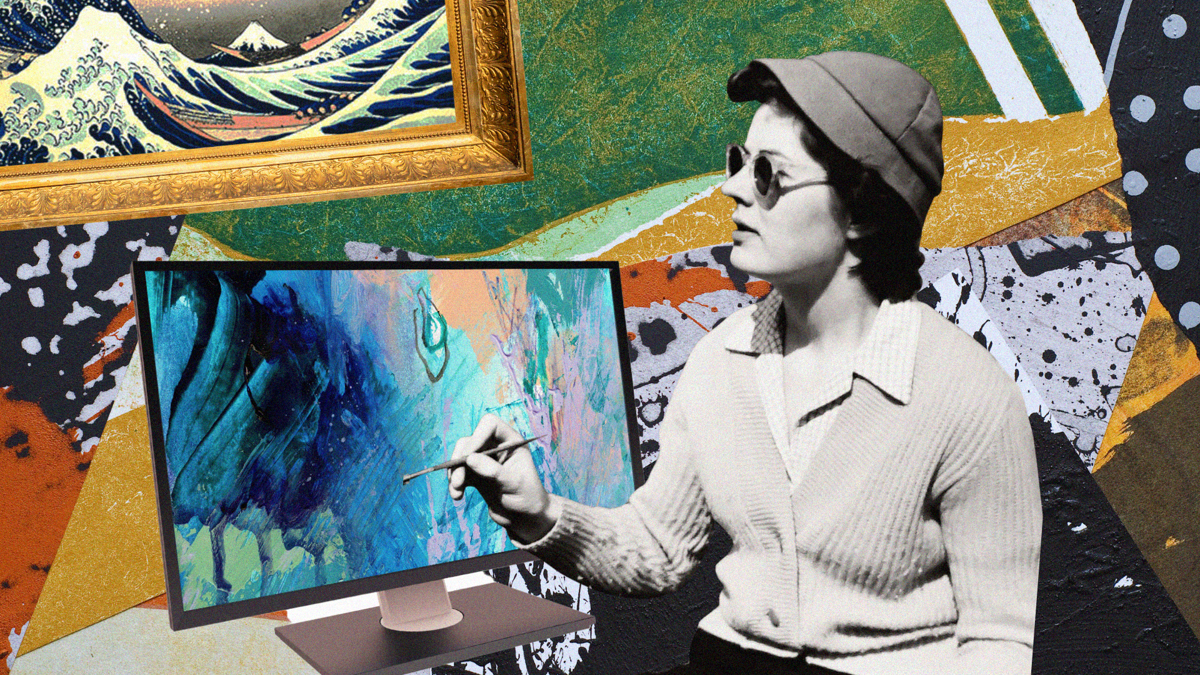 A woman is painting onto a computer screen. In the background are abstract pieces of framed art.