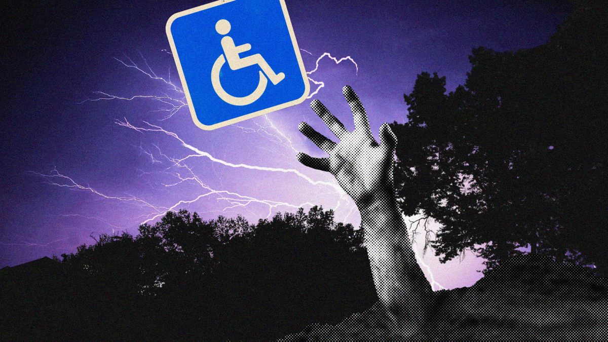 A pixelated hand comes out of the ground from a grave and reaches for a mobility wheelchair symbol. In the background are dark trees and lightning