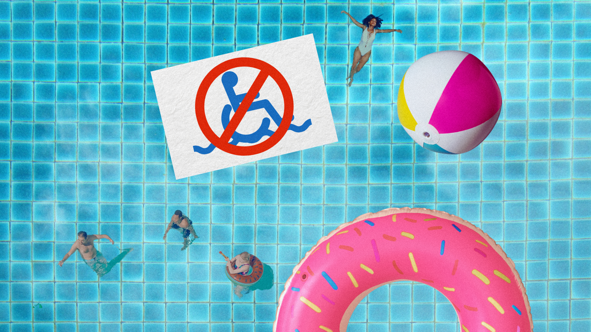 A bird's eye view of a swimming pool with swimmers, pink pool floats and a wheelchair sign crossed out in red.
