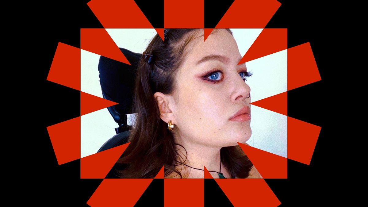 Noell's face is pictured up close and she is facing away from the camera. She has a smokey eye make up. Her photo is surrounded by a red and black graphic.