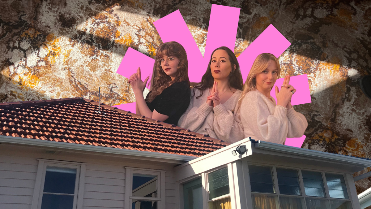 Three young women hold the Charlie's Angels pose, with a pink star behind. A collage of a house and retro carpet surround the image