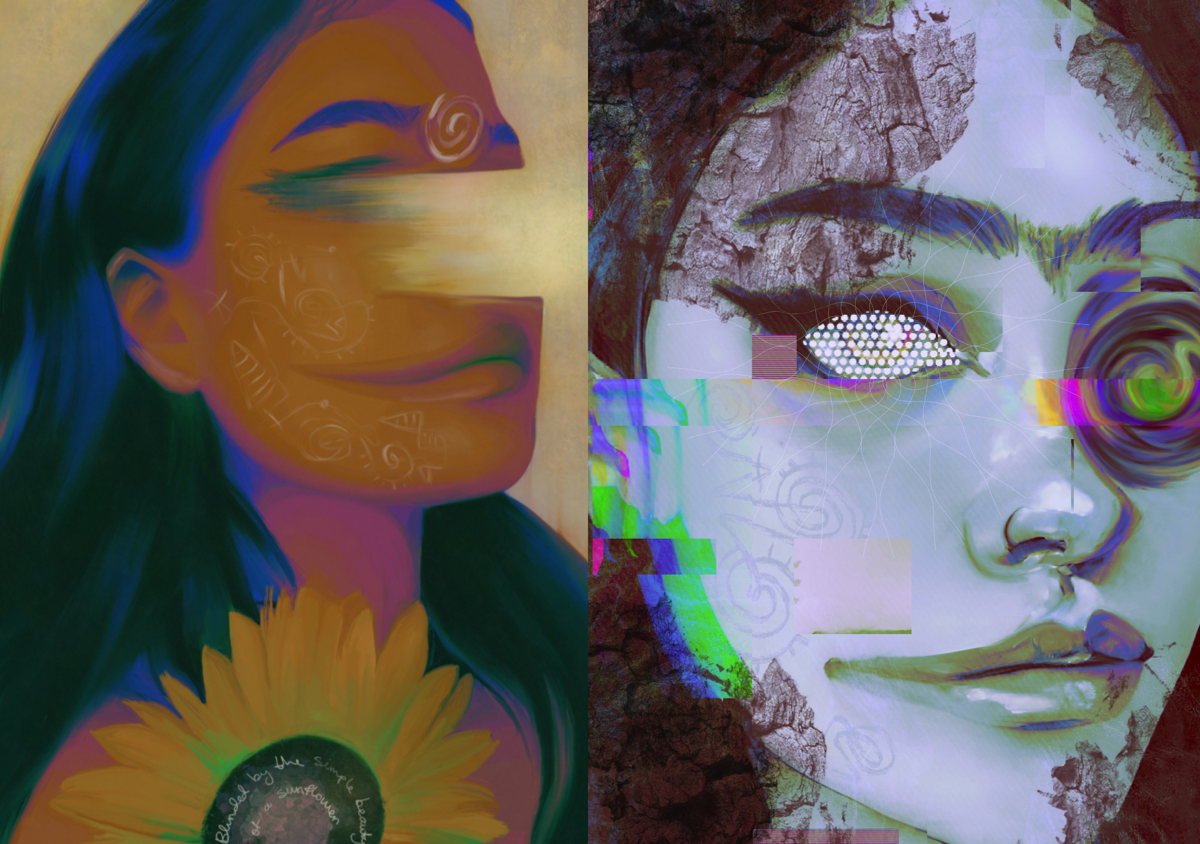 A composition of Noell's art; the two images depict self portraits with floral and landscape imagery.