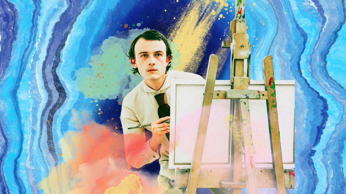 A young man looks behind a canvas on an easel. Behind him is a collage of colourful shapes.